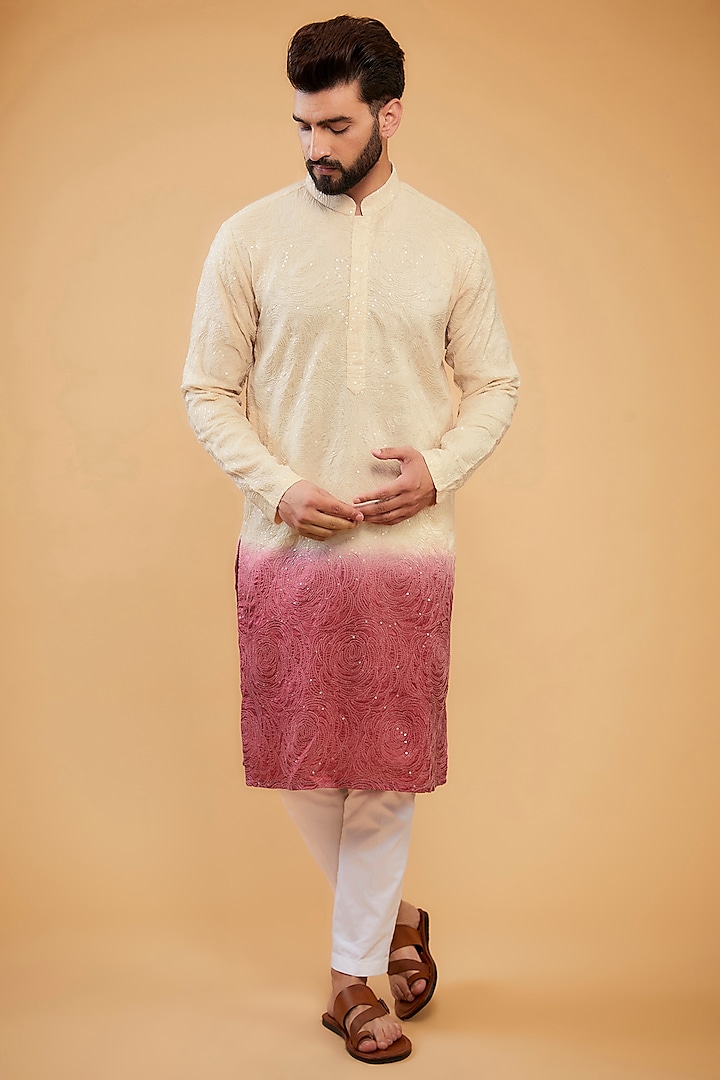 Cream & Fuchsia Pink Ombre Silk Embroidered Chikankari Kurta by Kasbah Clothing at Pernia's Pop Up Shop