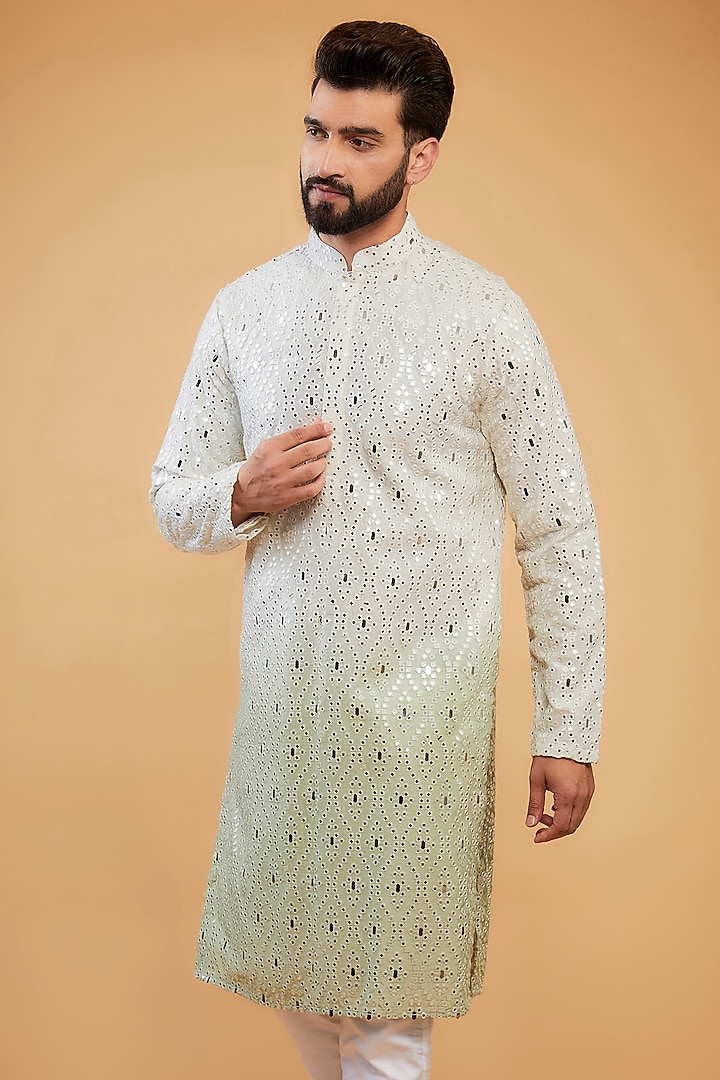 Cream & Sage Green Ombre Silk Mirror Work Kurta by Kasbah Clothing at Pernia's Pop Up Shop