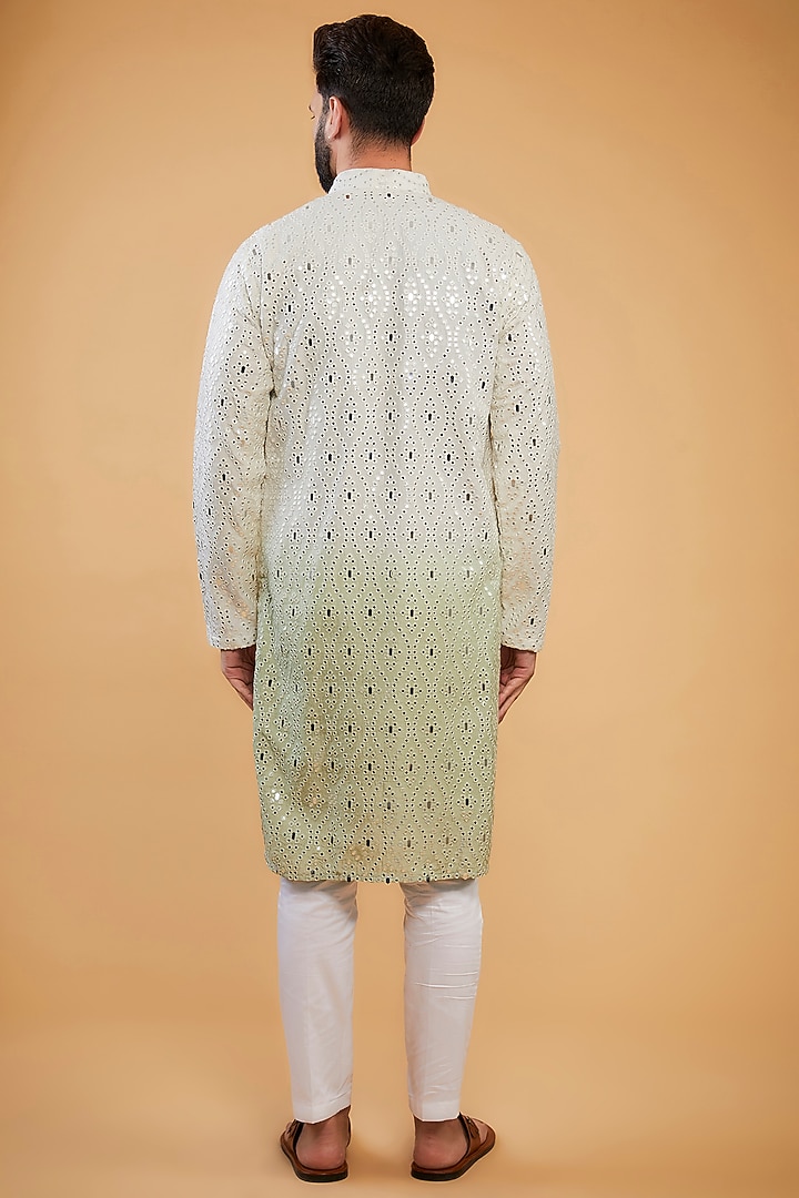 Cream & Sage Green Ombre Silk Mirror Work Kurta by Kasbah Clothing at Pernia's Pop Up Shop