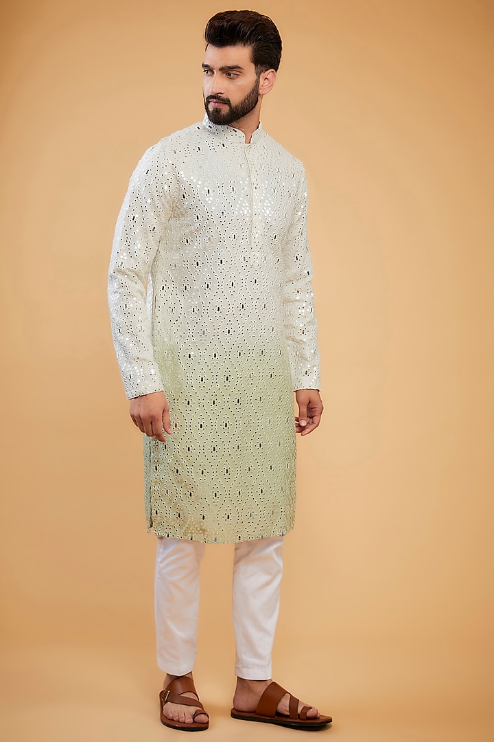 Cream & Sage Green Ombre Silk Mirror Work Kurta by Kasbah Clothing