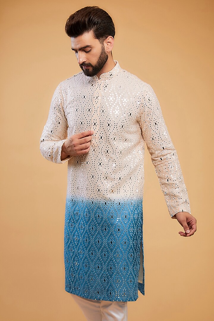 Cream & Blue Ombre Silk Mirror Work Kurta by Kasbah Clothing at Pernia's Pop Up Shop