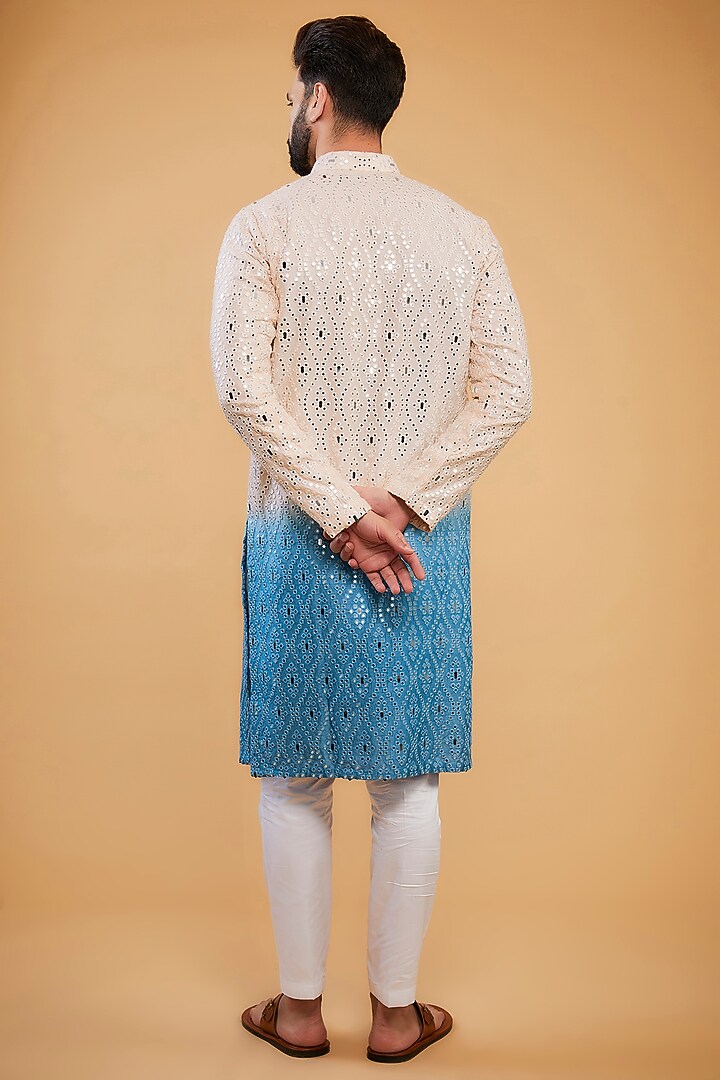 Cream & Blue Ombre Silk Mirror Work Kurta by Kasbah Clothing at Pernia's Pop Up Shop