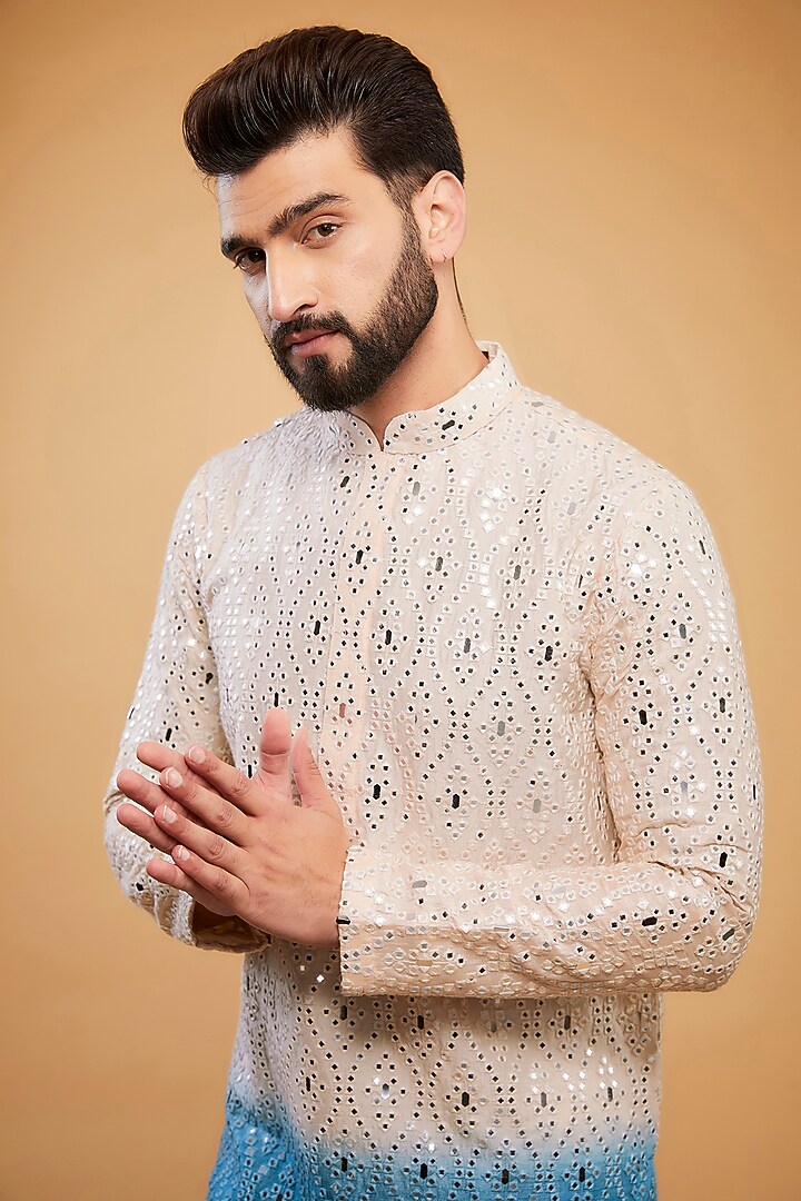 Cream & Blue Ombre Silk Mirror Work Kurta by Kasbah Clothing at Pernia's Pop Up Shop
