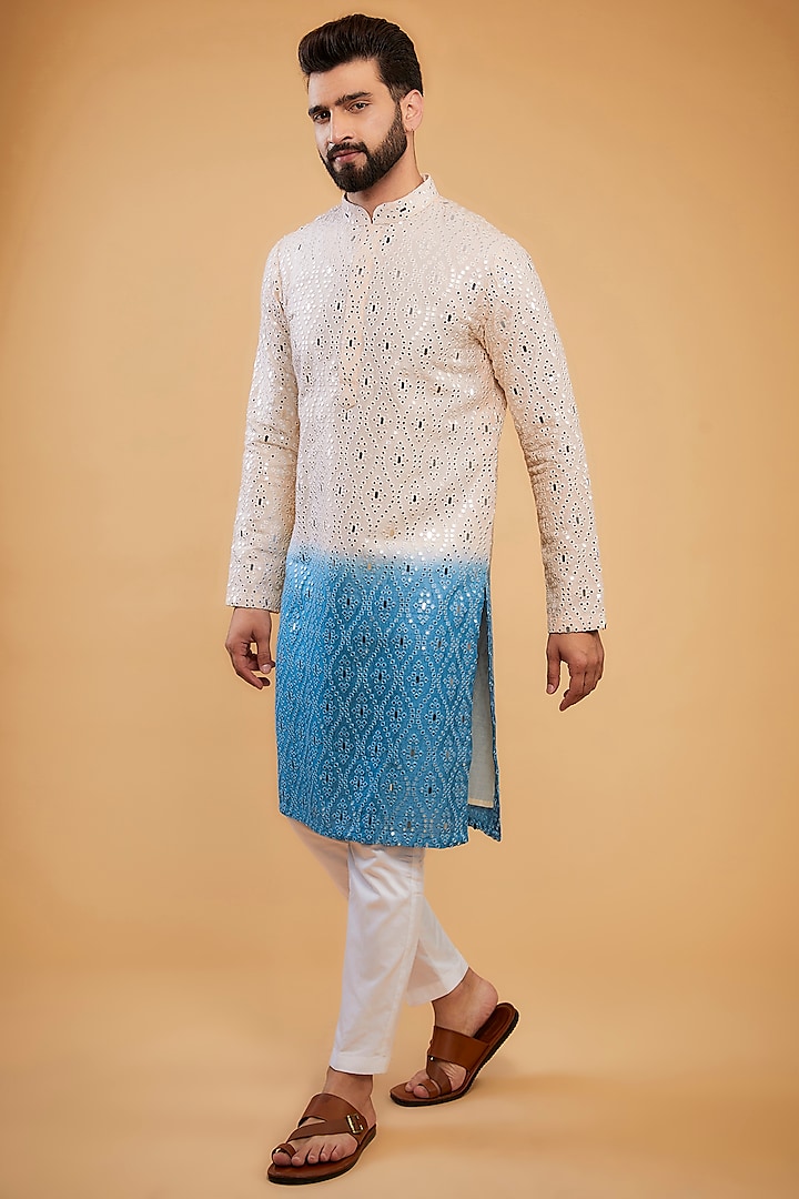 Cream & Blue Ombre Silk Mirror Work Kurta by Kasbah Clothing