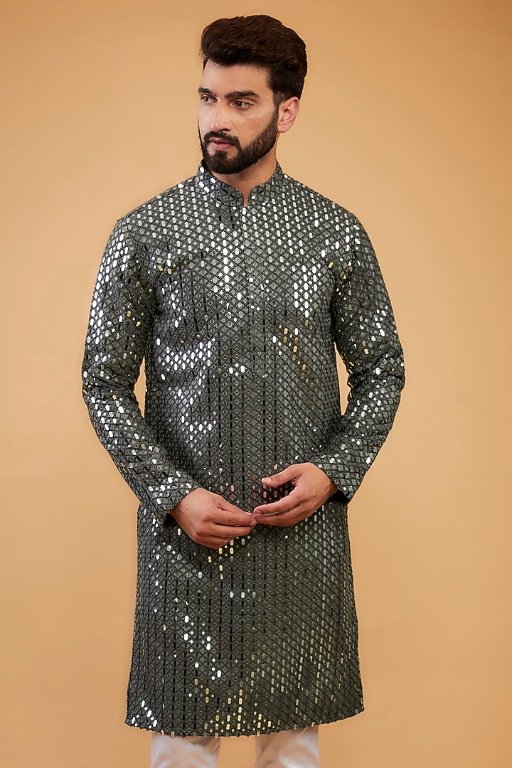 Military Green Silk Mirror & Thread Work Kurta by Kasbah Clothing at Pernia's Pop Up Shop