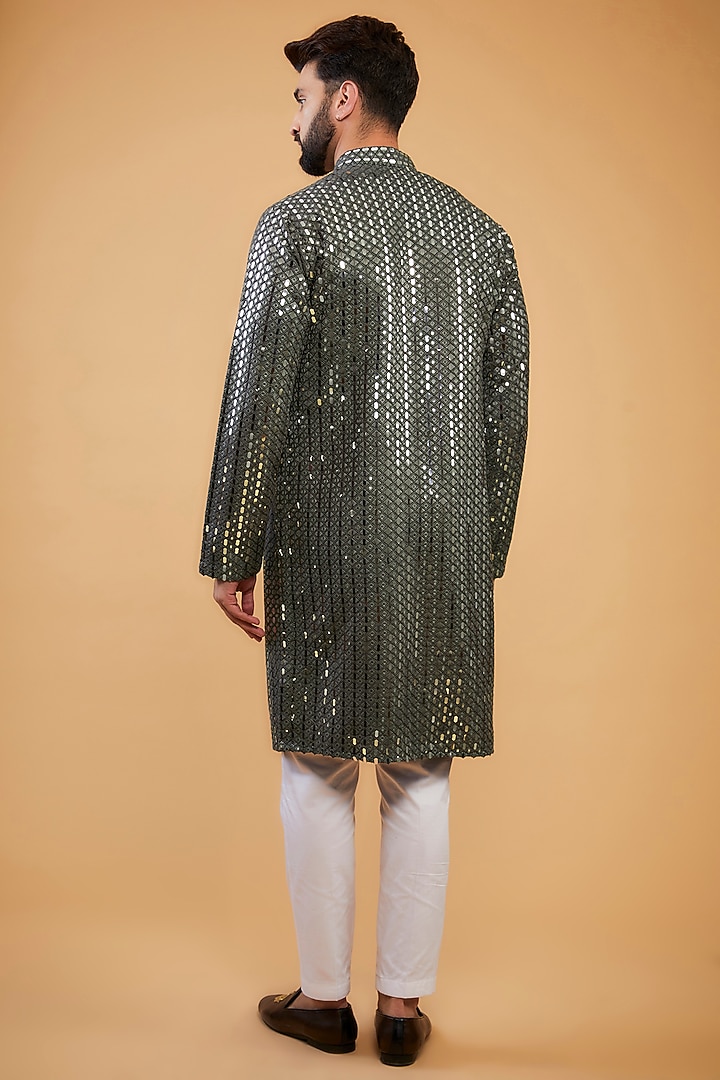 Military Green Silk Mirror & Thread Work Kurta by Kasbah Clothing at Pernia's Pop Up Shop