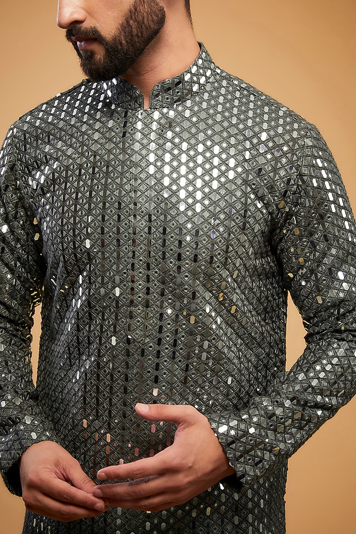 Military Green Silk Mirror & Thread Work Kurta by Kasbah Clothing at Pernia's Pop Up Shop