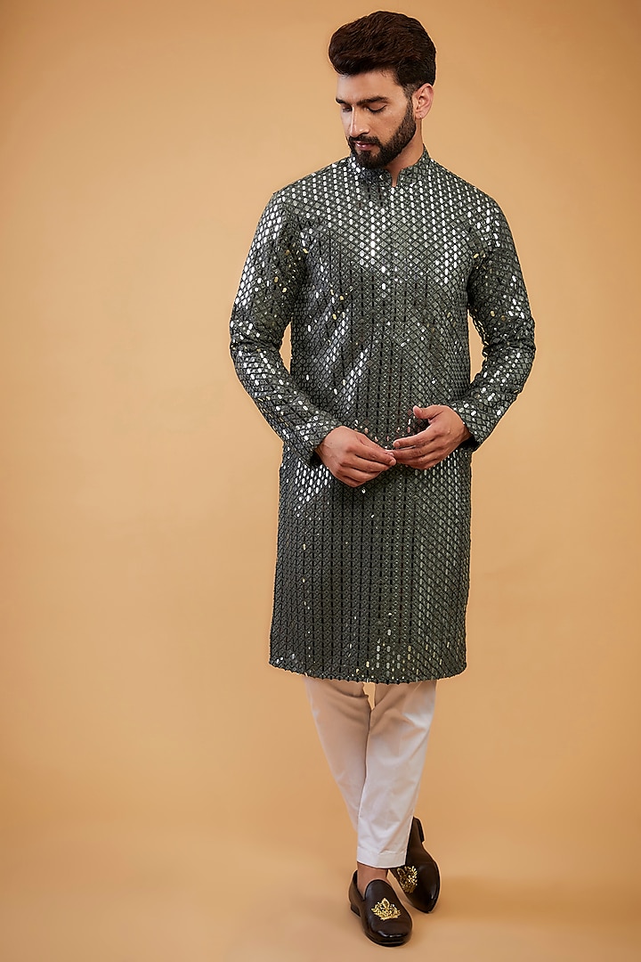 Military Green Silk Mirror & Thread Work Kurta by Kasbah Clothing