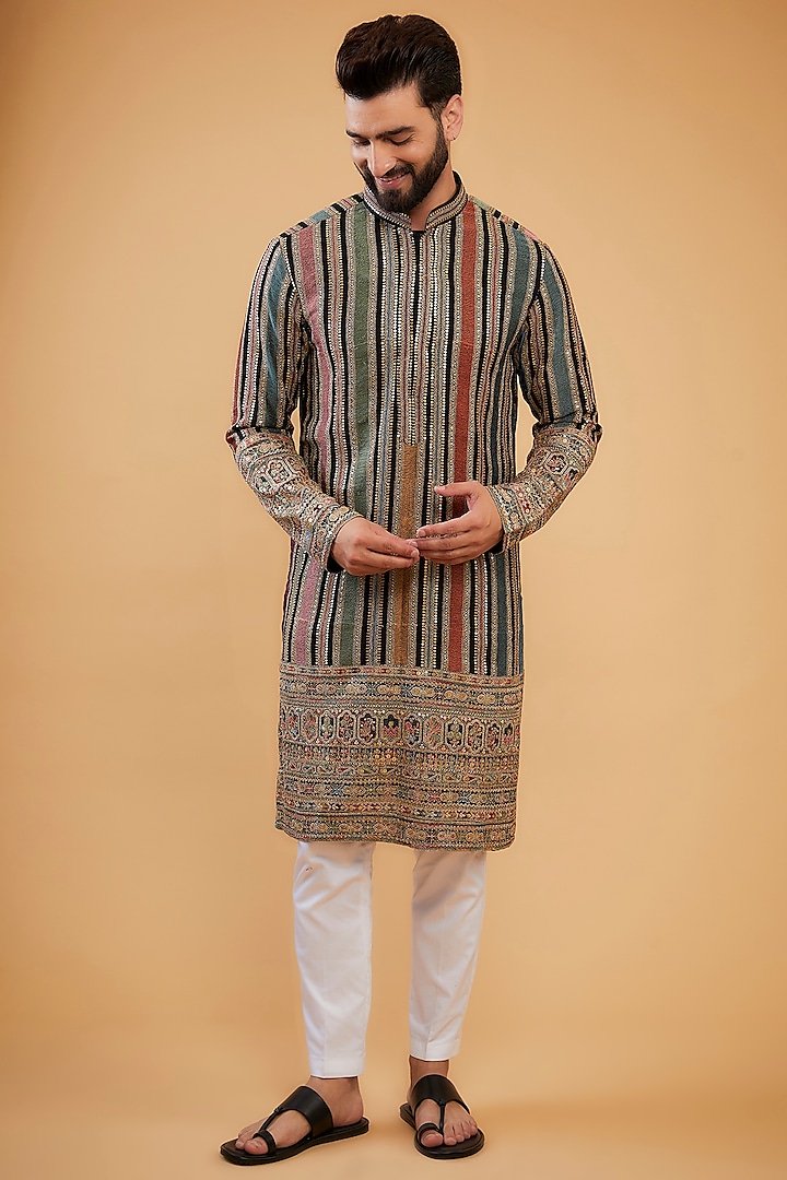 Multi-Colored Georgette Sequins Embroidered Chikankari Kurta by Kasbah Clothing