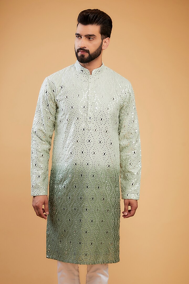Sage Green Ombre Silk Mirror Work Kurta by Kasbah Clothing at Pernia's Pop Up Shop
