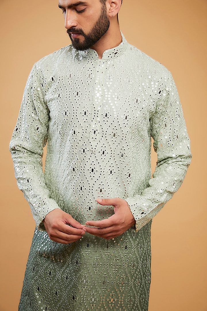 Sage Green Ombre Silk Mirror Work Kurta by Kasbah Clothing at Pernia's Pop Up Shop