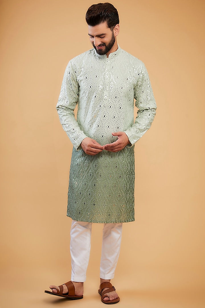 Sage Green Ombre Silk Mirror Work Kurta by Kasbah Clothing