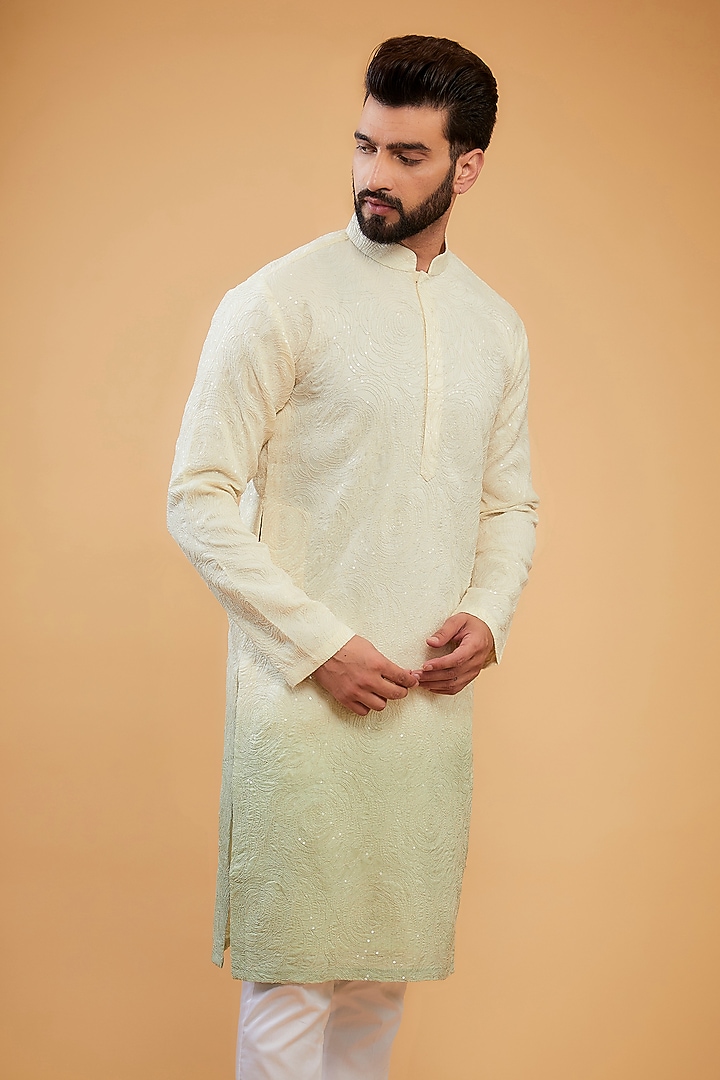 Cream & Mint Green Ombre Silk Embroidered Chikankari Kurta by Kasbah Clothing at Pernia's Pop Up Shop