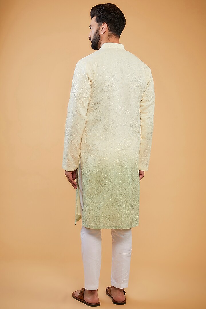 Cream & Mint Green Ombre Silk Embroidered Chikankari Kurta by Kasbah Clothing at Pernia's Pop Up Shop