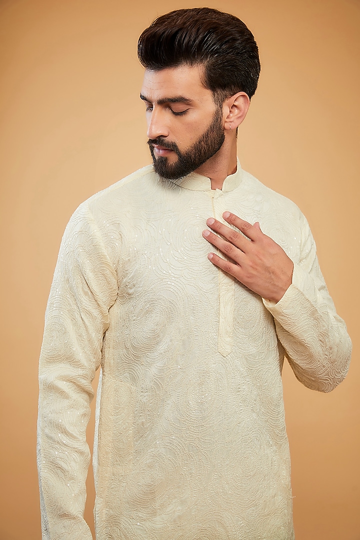 Cream & Mint Green Ombre Silk Embroidered Chikankari Kurta by Kasbah Clothing at Pernia's Pop Up Shop