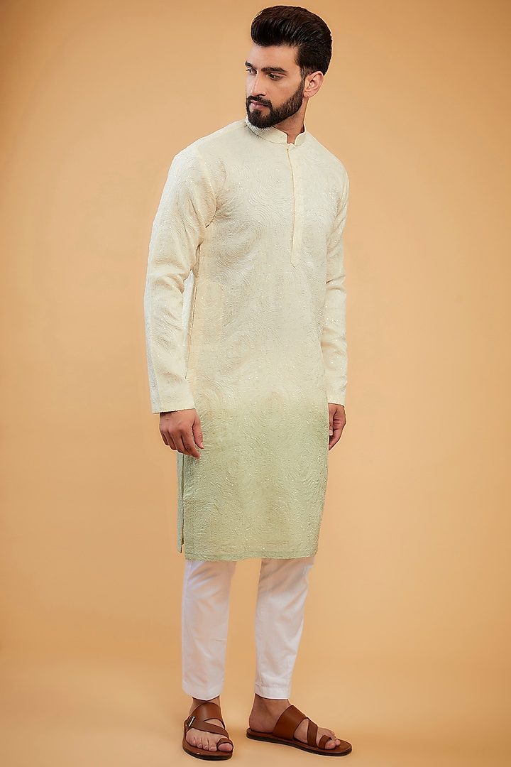 Cream & Mint Green Ombre Silk Embroidered Chikankari Kurta by Kasbah Clothing