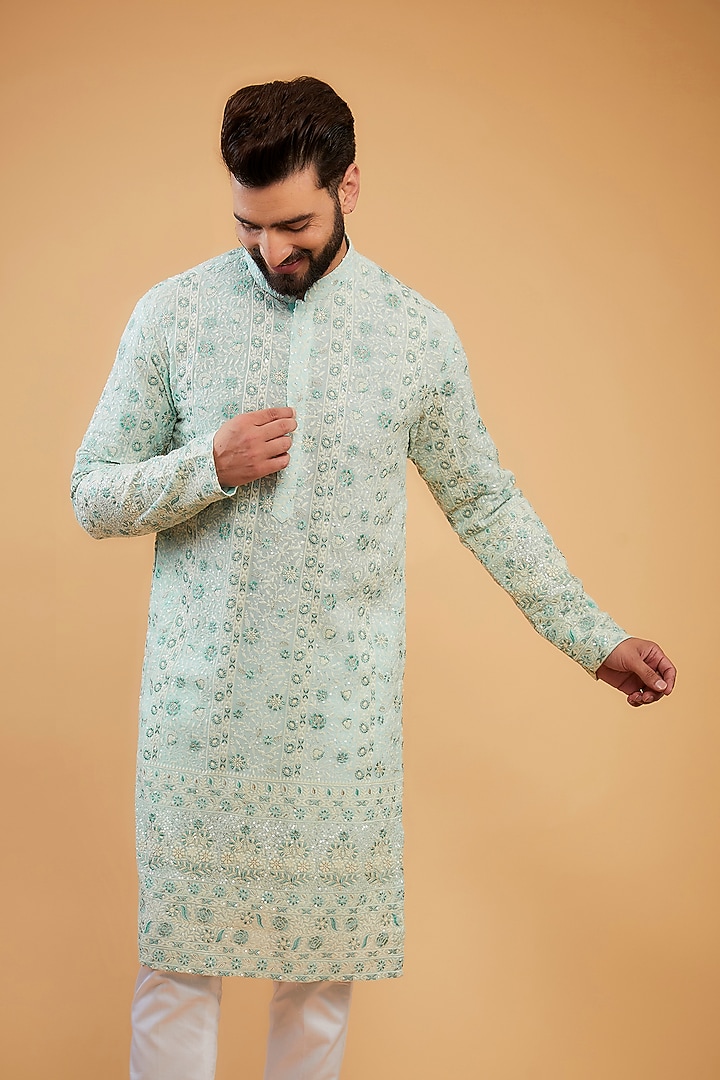 Powder Blue Georgette Floral Embroidered Chikankari Kurta by Kasbah Clothing at Pernia's Pop Up Shop