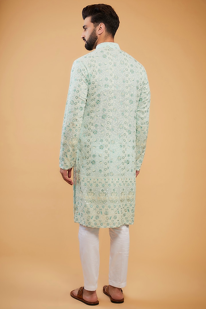 Powder Blue Georgette Floral Embroidered Chikankari Kurta by Kasbah Clothing at Pernia's Pop Up Shop