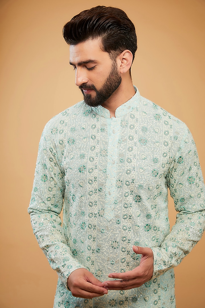 Powder Blue Georgette Floral Embroidered Chikankari Kurta by Kasbah Clothing at Pernia's Pop Up Shop