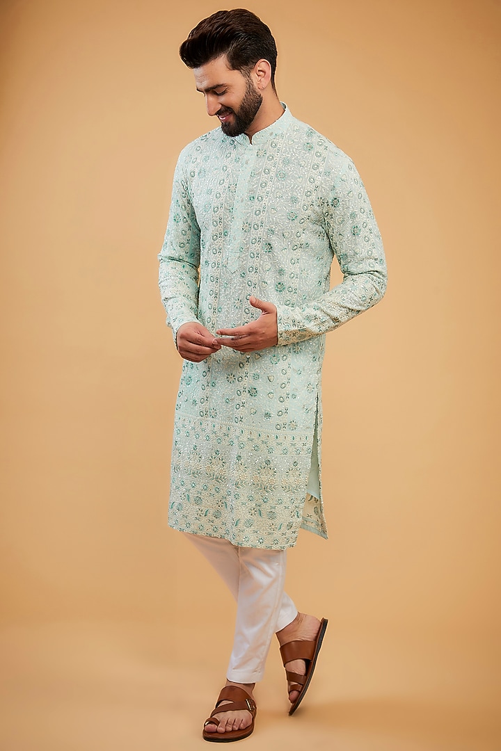 Powder Blue Georgette Floral Embroidered Chikankari Kurta by Kasbah Clothing at Pernia's Pop Up Shop