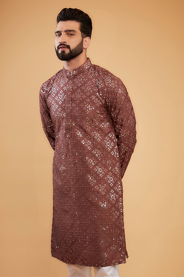 Brown Silk Mirror & Sequins Work Kurta by Kasbah Clothing at Pernia's Pop Up Shop