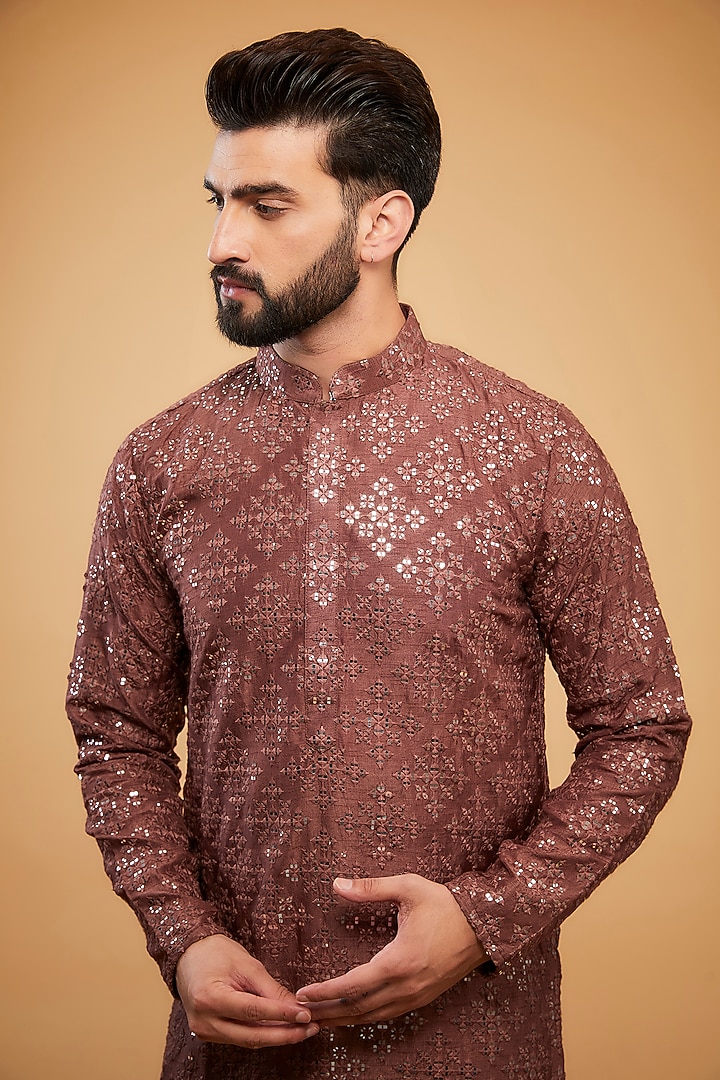 Brown Silk Mirror & Sequins Work Kurta by Kasbah Clothing at Pernia's Pop Up Shop