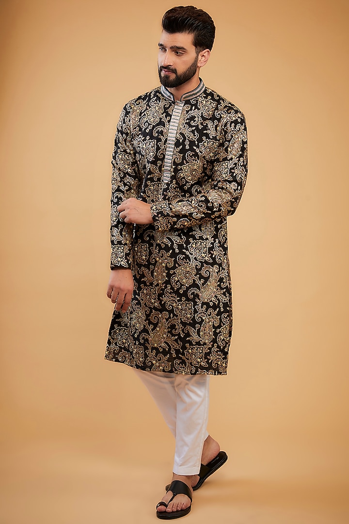 Black Silk Hand Embroidered Kashmiri Chikankari Kurta by Kasbah Clothing