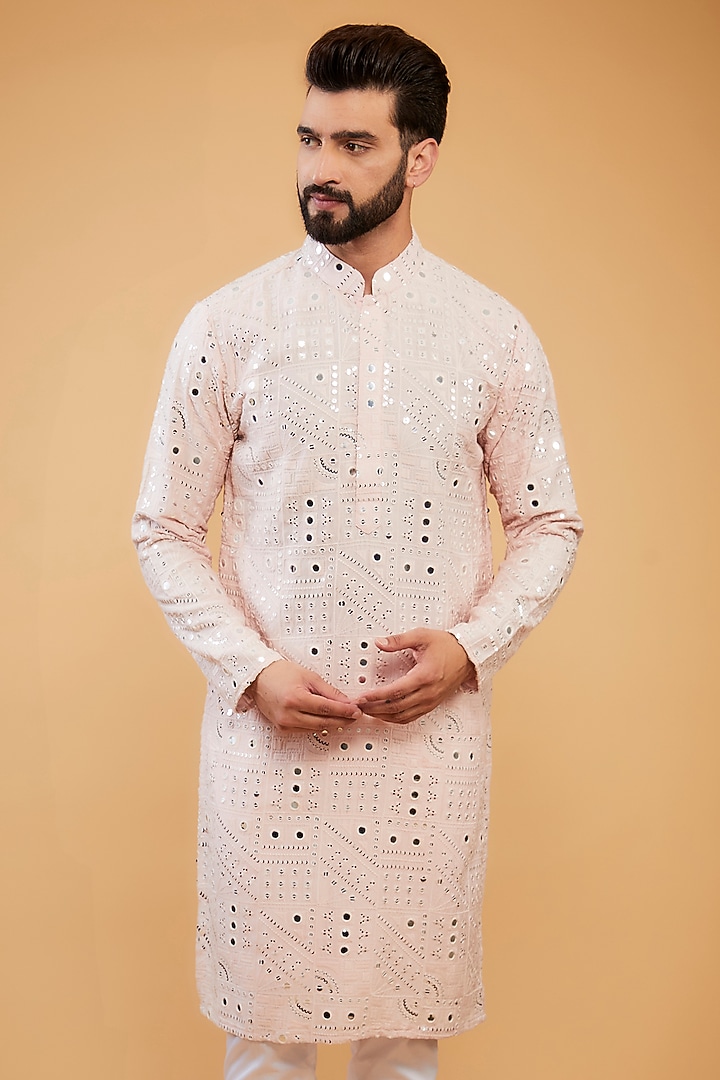 Baby Pink Silk Mirror & Thread Work Kurta by Kasbah Clothing at Pernia's Pop Up Shop