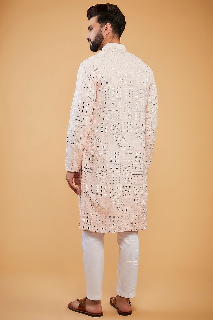 Baby Pink Silk Mirror & Thread Work Kurta by Kasbah Clothing at Pernia's Pop Up Shop