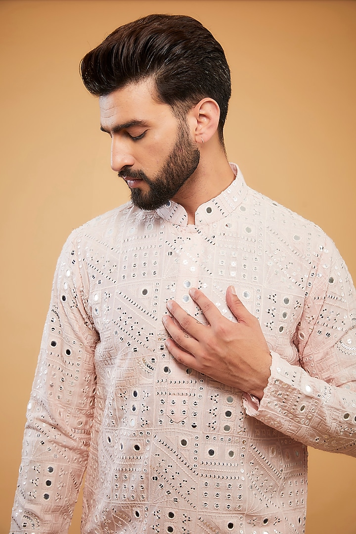 Baby Pink Silk Mirror & Thread Work Kurta by Kasbah Clothing at Pernia's Pop Up Shop
