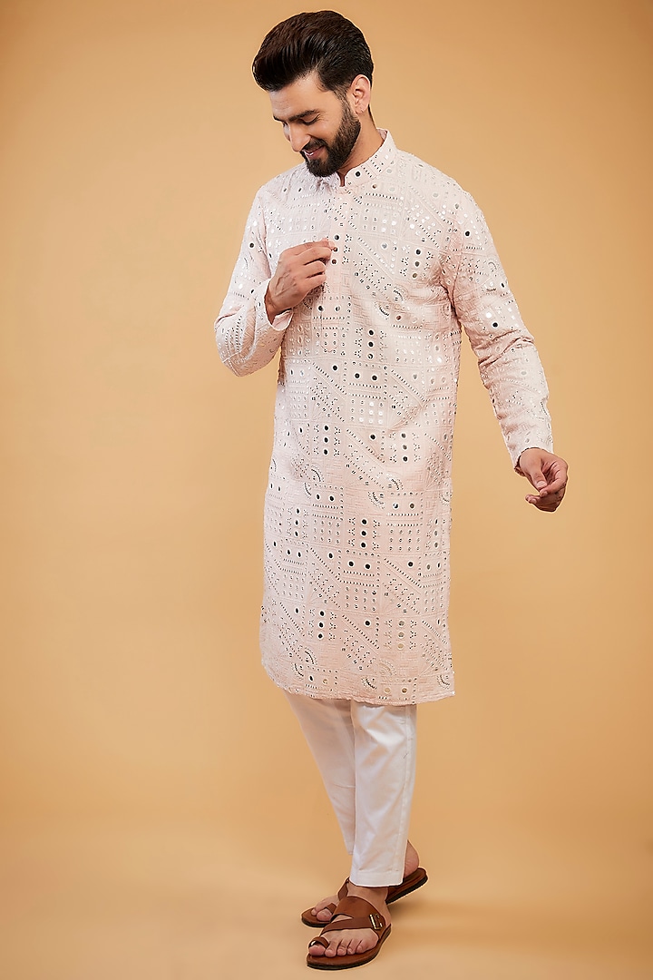 Baby Pink Silk Mirror & Thread Work Kurta by Kasbah Clothing