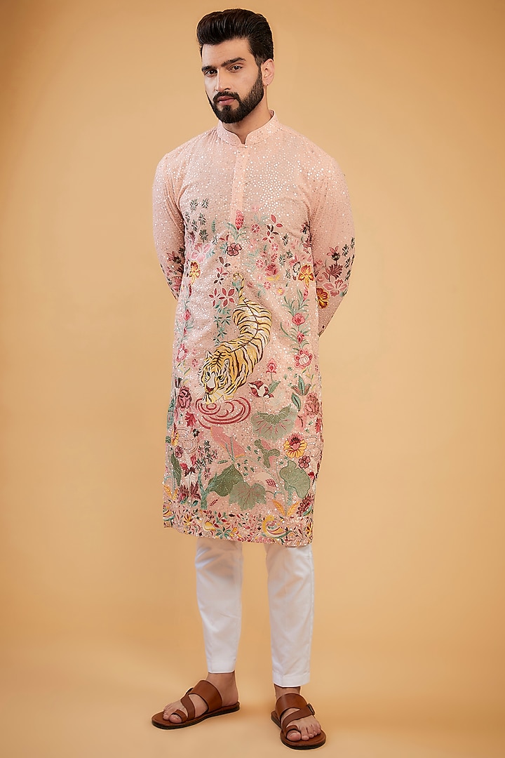 Peach Georgette Sequins Embroidered Kurta by Kasbah Clothing