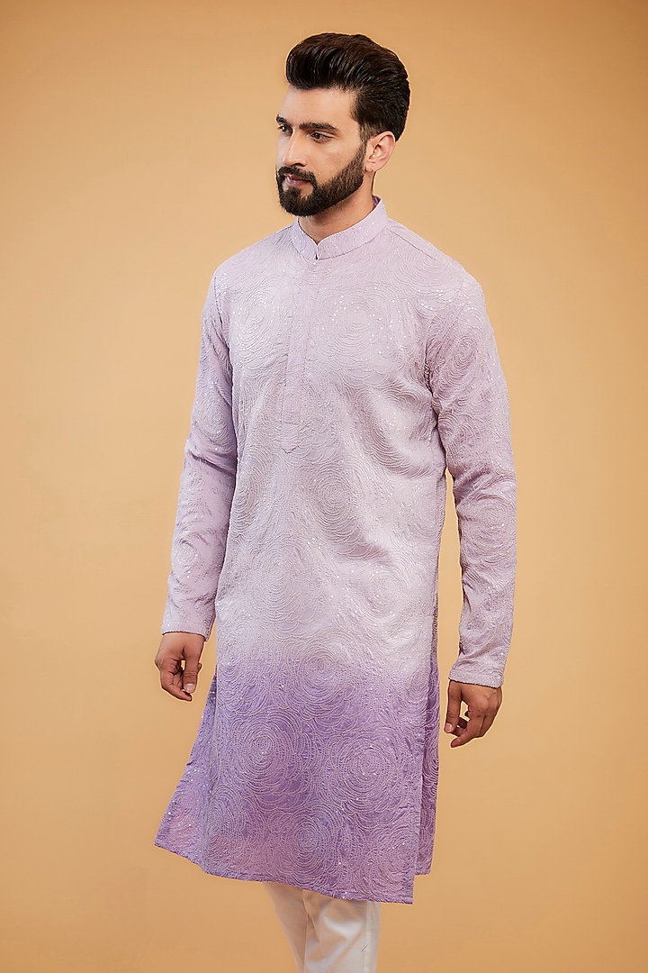 Lavender Ombre Silk Floral Embroidered Chikankari Kurta by Kasbah Clothing at Pernia's Pop Up Shop