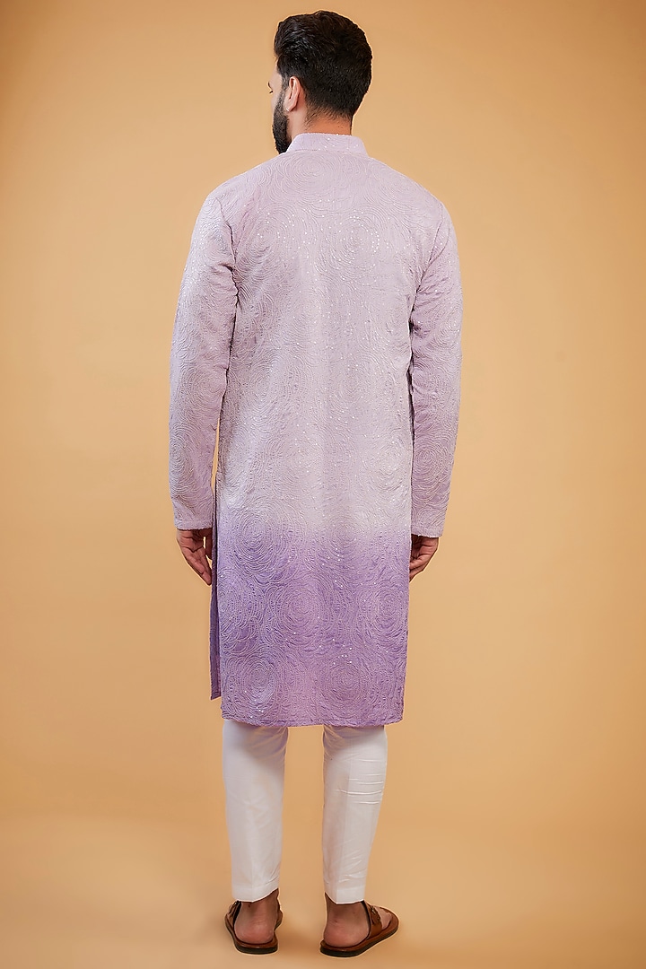 Lavender Ombre Silk Floral Embroidered Chikankari Kurta by Kasbah Clothing at Pernia's Pop Up Shop