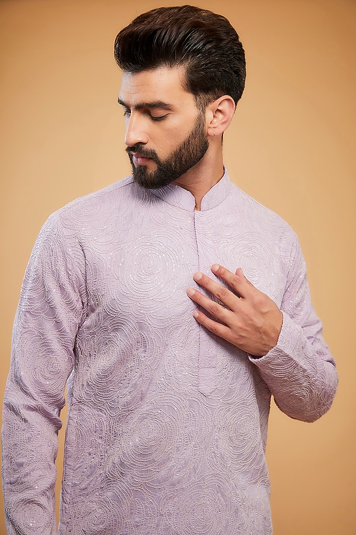 Lavender Ombre Silk Floral Embroidered Chikankari Kurta by Kasbah Clothing at Pernia's Pop Up Shop