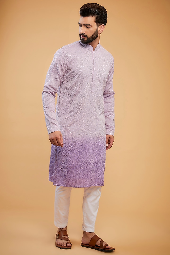 Lavender Ombre Silk Floral Embroidered Chikankari Kurta by Kasbah Clothing