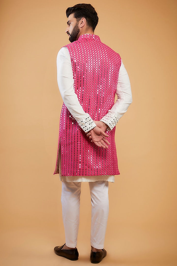 Hot Pink Silk Mirror Work Wedding Indowestern Set by Kasbah Clothing at Pernia's Pop Up Shop