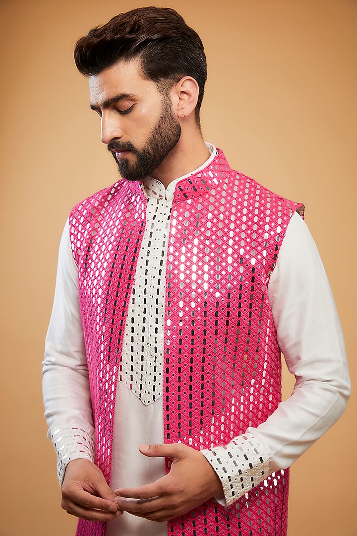 Hot Pink Silk Mirror Work Wedding Indowestern Set by Kasbah Clothing at Pernia's Pop Up Shop