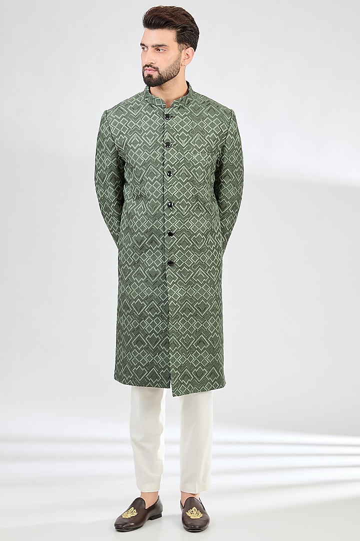Military Green Silk Thread Embroidered Wedding Sherwani by Kasbah Clothing at Pernia's Pop Up Shop