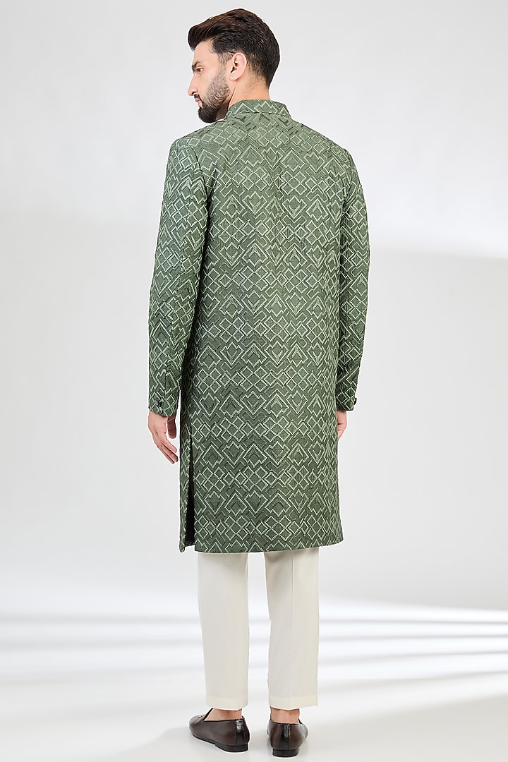 Military Green Silk Thread Embroidered Wedding Sherwani by Kasbah Clothing at Pernia's Pop Up Shop