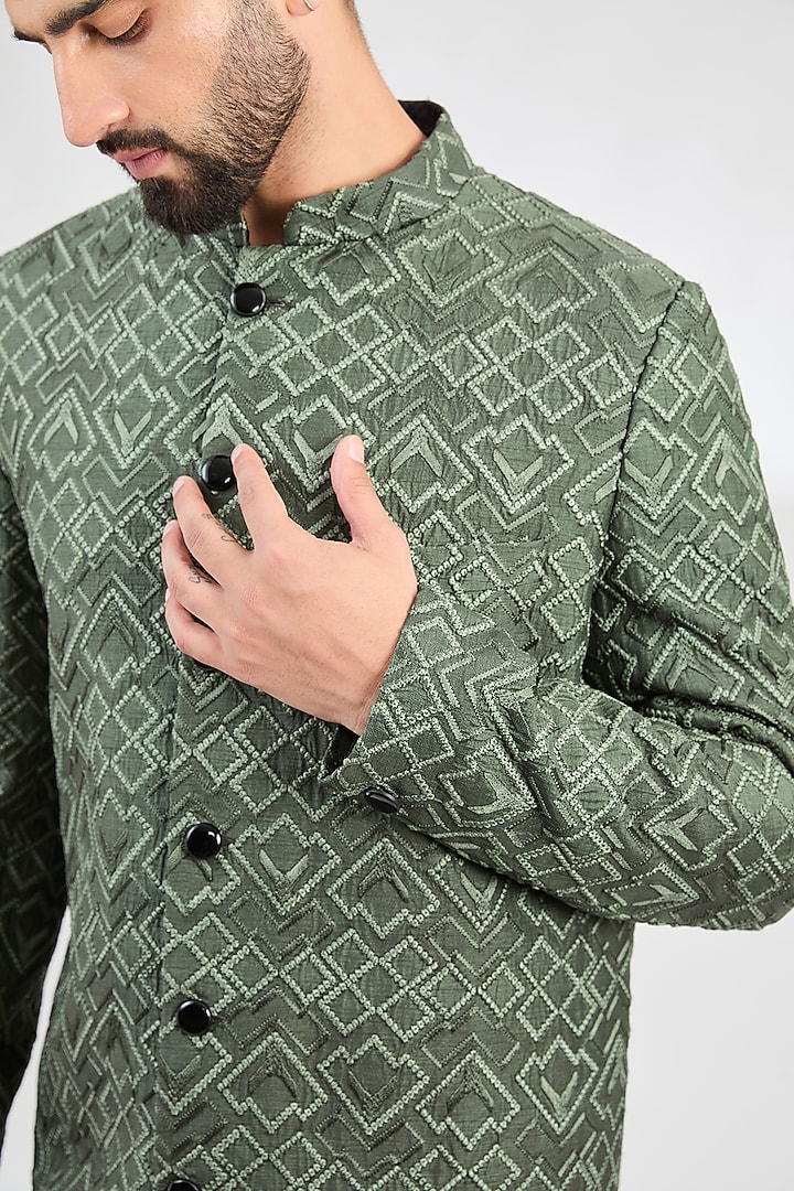 Military Green Silk Thread Embroidered Wedding Sherwani by Kasbah Clothing at Pernia's Pop Up Shop