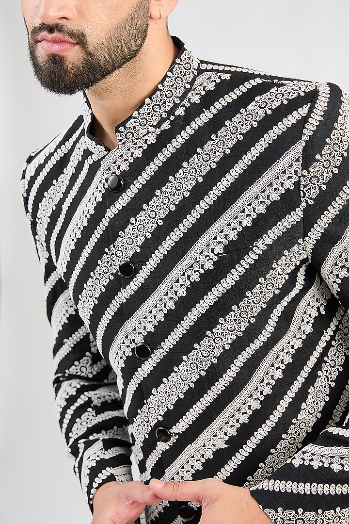 Black Silk Dori Embroidered Wedding Bandhgala by Kasbah Clothing at Pernia's Pop Up Shop