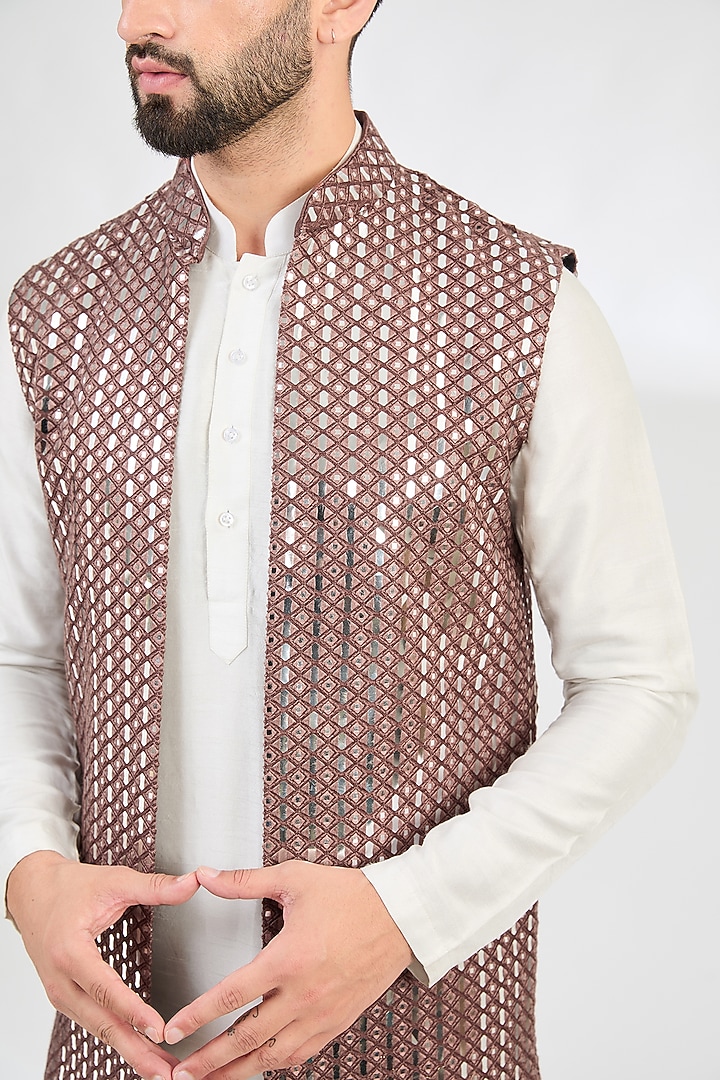Mauve-Taupe Silk Mirror Work Indowestern Jacket by Kasbah Clothing at Pernia's Pop Up Shop