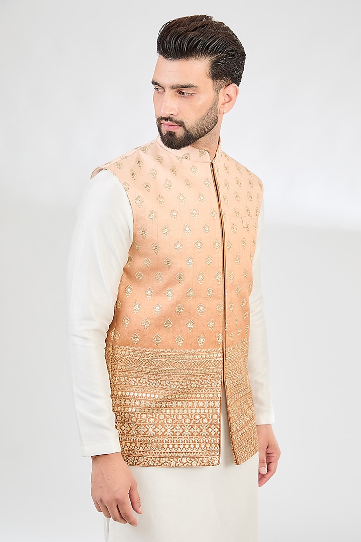 Coral Peach Ombre Silk Zari Embroidered Nehru Jacket by Kasbah Clothing