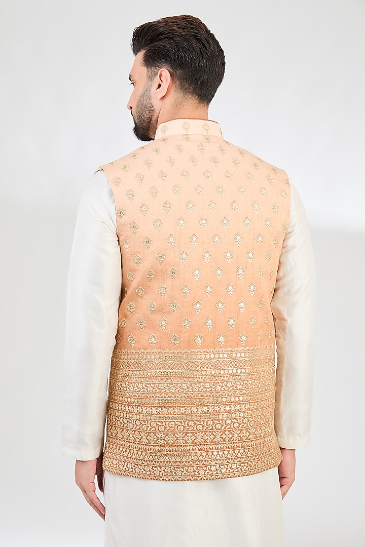 Coral Peach Ombre Silk Zari Embroidered Nehru Jacket by Kasbah Clothing at Pernia's Pop Up Shop