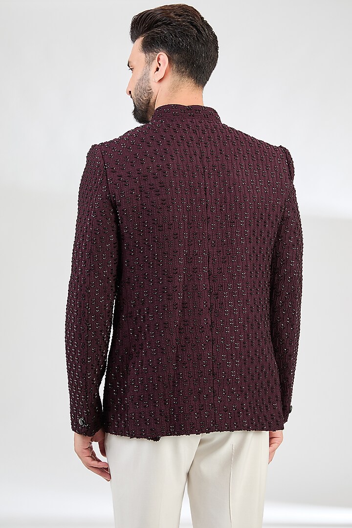 Wine Silk Cutdana Embroidered Wedding Bandhgala Jacket by Kasbah Clothing at Pernia's Pop Up Shop