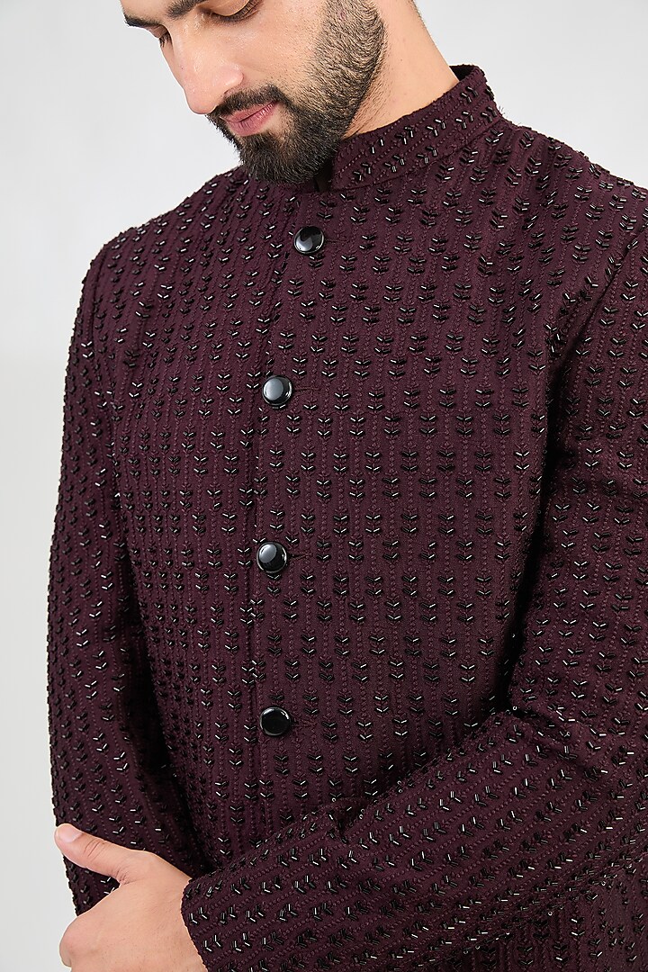 Wine Silk Cutdana Embroidered Wedding Bandhgala Jacket by Kasbah Clothing at Pernia's Pop Up Shop