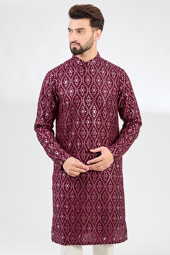 Burgundy Silk Mirror Work Kurta by Kasbah Clothing at Pernia's Pop Up Shop