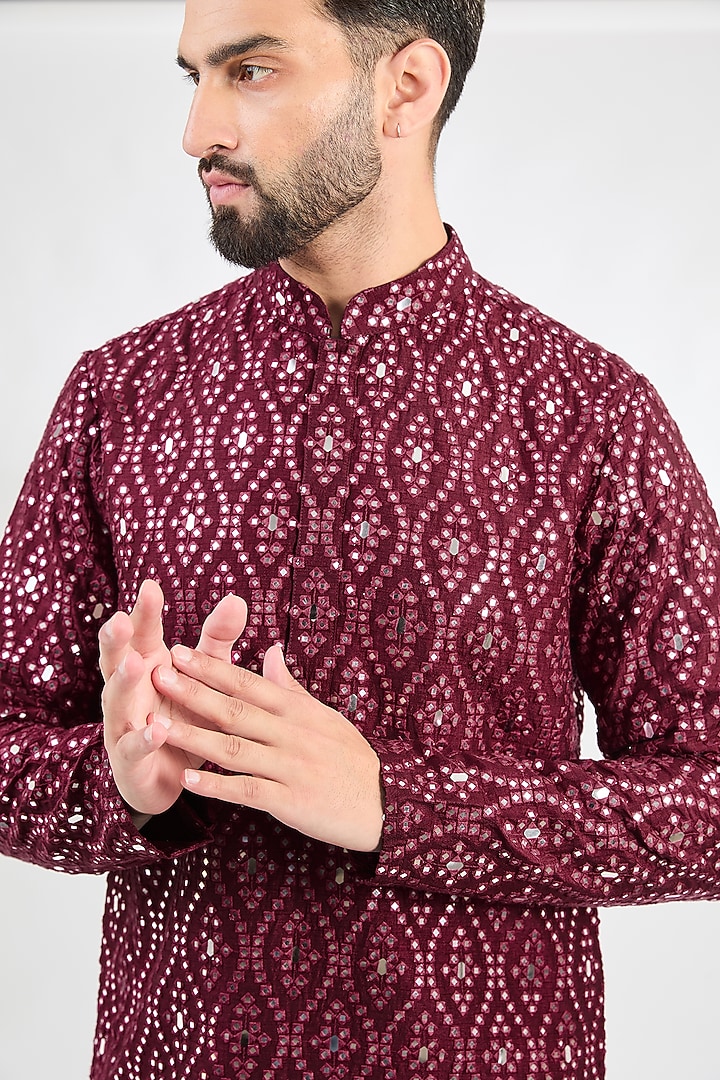 Burgundy Silk Mirror Work Kurta by Kasbah Clothing at Pernia's Pop Up Shop