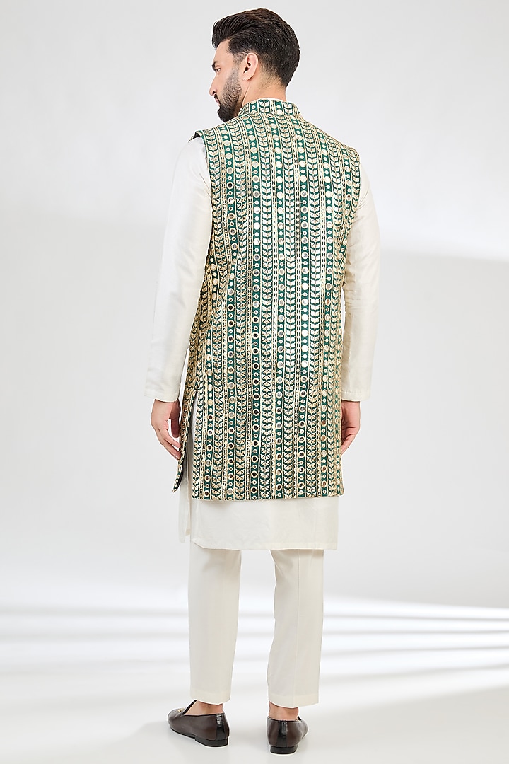 Mehendi Green Georgette Mirror Work Indowestern Jacket by Kasbah Clothing at Pernia's Pop Up Shop